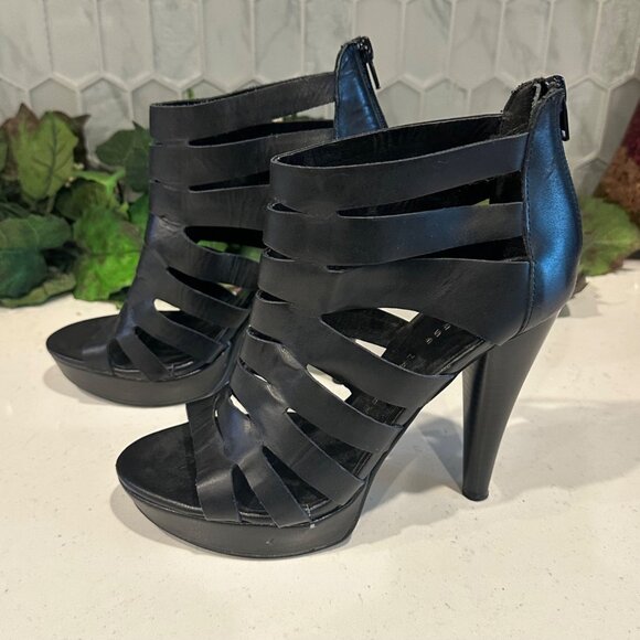 Strappy Black High Heel Sandals 8.5M By Chinese Laundry Leather Upper Peep Toe B - Picture 6 of 8